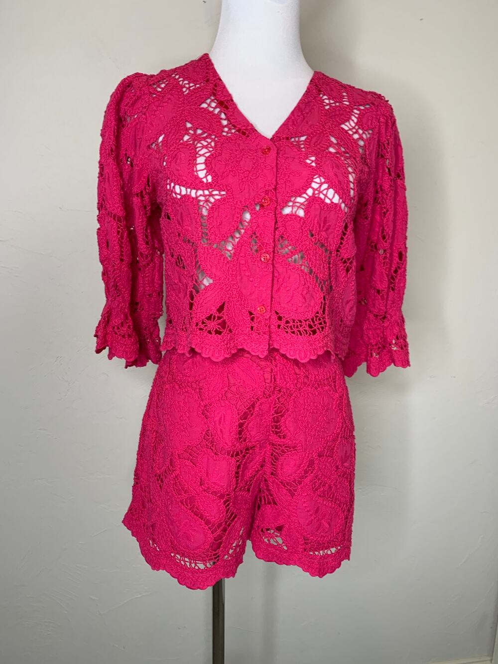 Maje Lannick Open Lace Pink Lace Two Piece Short Set Sz 36 Small